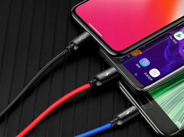 Baseus Three Primary Colors Nylonowy kabel 3w1 USB - Lightning Micro Type-C 3.5A 30cm