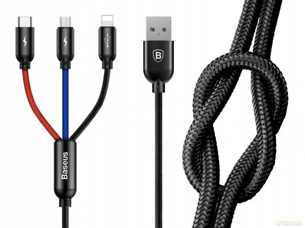 Baseus Three Primary Colors Nylonowy kabel 3w1 USB - Lightning Micro Type-C 3.5A 30cm