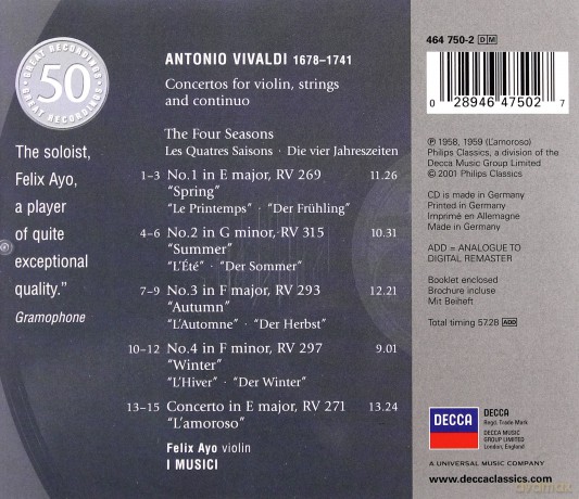 50 Philips: Vivaldi: Concerto For Violin, Strings [CD]