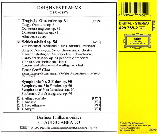 Abbado Wp: Brahms:Tragic Ov + [CD]
