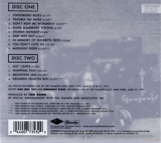 Allman Brothers Band: Live At The Filmore East 2cd Deluxe [CD]