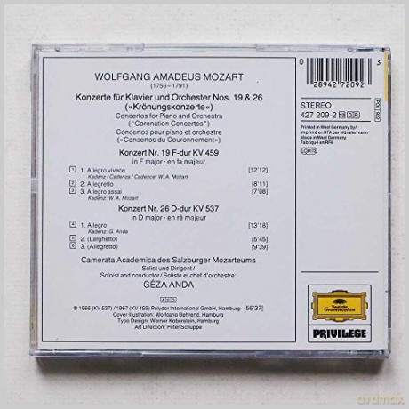 Anda Casm: Mozart:Pno Ctos 19+26 [CD]