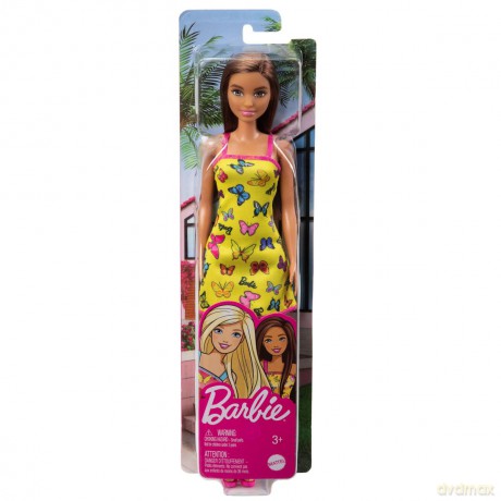 Lalka Barbie Szykowna Brunetka w żółtej sukience w motylki