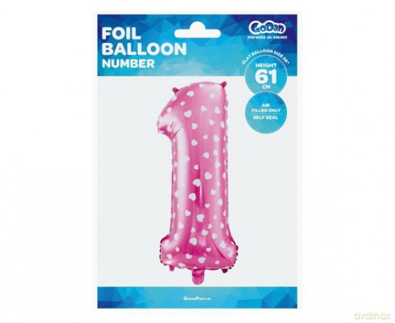 Balon foliowy "Cyfra 1", różowa w serca, 61 cm