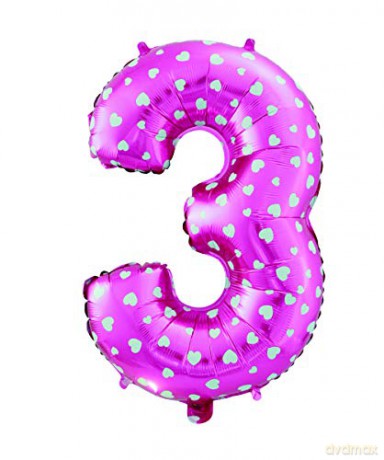 Balon foliowy "Cyfra 3", różowa w serca, 61 cm