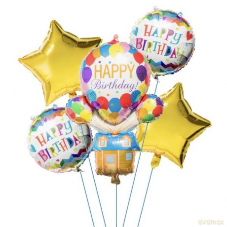 Balon foliowy 5 szt z nadrukiem happy birthday w metaliku. BCF-666