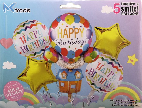 Balon foliowy 5 szt z nadrukiem happy birthday w metaliku. BCF-666