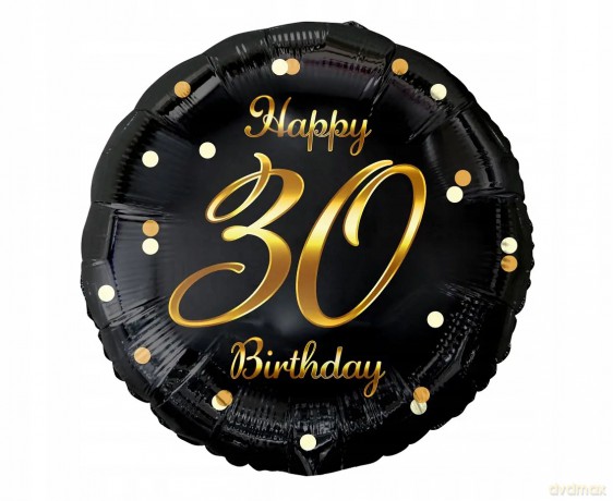 Balon foliowy B&C Happy 30 Birthday, czarny, nadruk złoty 18"