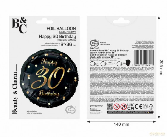 Balon foliowy B&C Happy 30 Birthday, czarny, nadruk złoty 18"