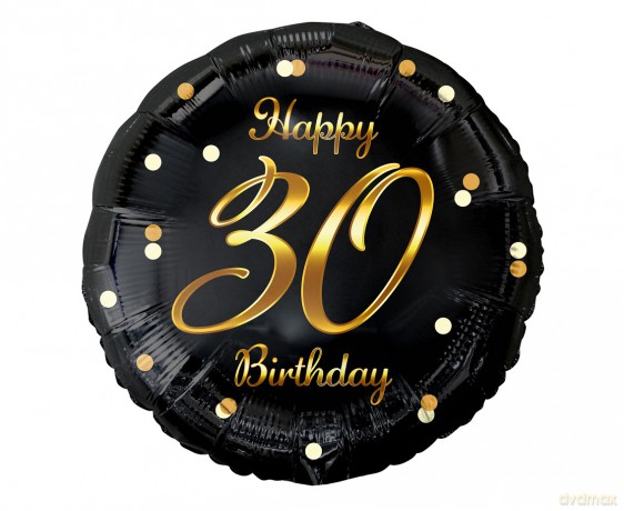 Balon foliowy B&C Happy 30 Birthday, czarny, nadruk złoty 18"