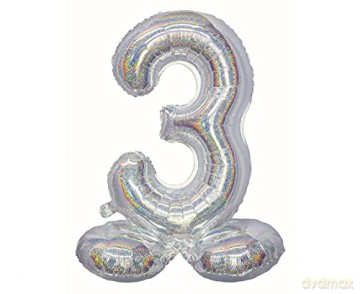 Balon foliowy B&C, cyfra stojąca 3, holograficzna srebrna, 72 cm