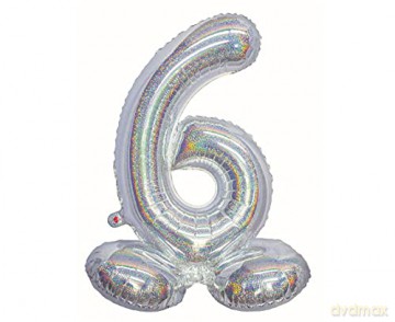 Balon foliowy B&C, cyfra stojąca 6, holograficzna srebrna, 72 cm