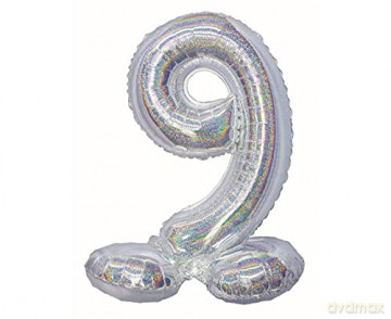 Balon foliowy B&C, cyfra stojąca 9, holograficzna srebrna, 72 cm