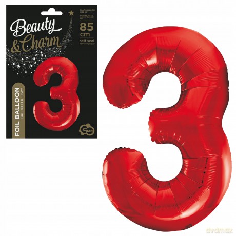 Balon foliowy Cyfra 3 czerwona, 85 cm