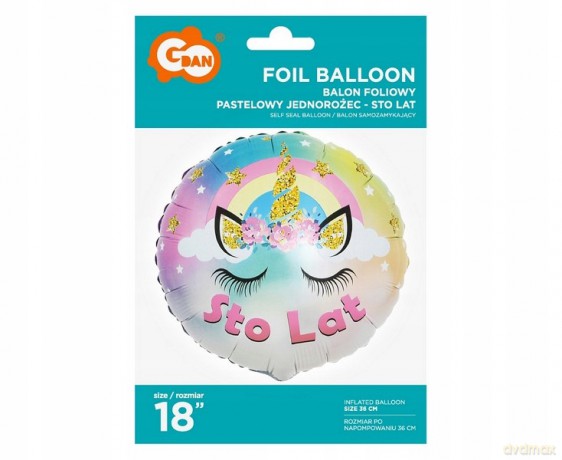 Balon foliowy pastelowy Jednorożec-Sto lat 18"