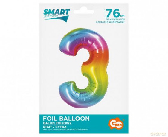 Balon foliowy Smart Cyfra 3 tęczowa 76 cm CH-STC3