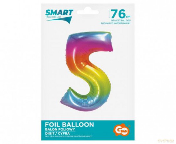 Balon foliowy Smart Cyfra 5 tęczowa 76 cm CH-STC5