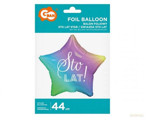 Balon foliowy Sto Lat gwiazda gradient nadruk biały 19"