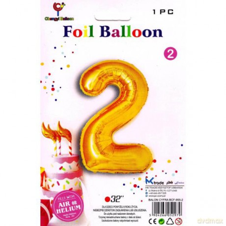 Balon foliowy złoty cyfra 2, wys. 81 cm BCF-955-2