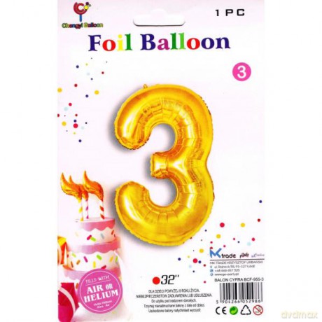 Balon foliowy złoty cyfra 3, wys. 81 cm BCF-955-3