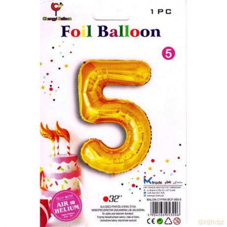 Balon foliowy złoty cyfra 5, wys.81 cm BCF-955-5