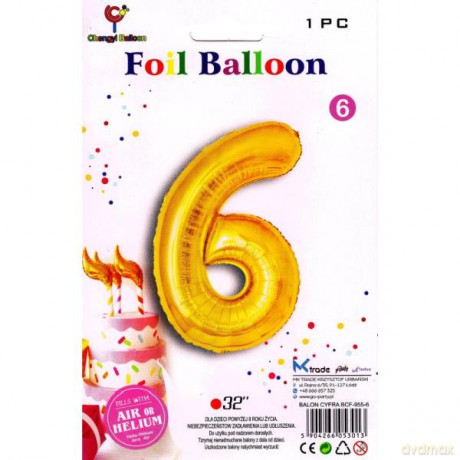 Balon foliowy złoty cyfra 6, wys.81 cm BCF-955-6