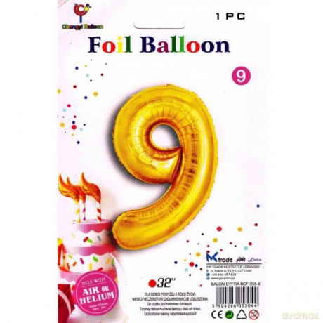 Balon foliowy złoty cyfra 9, wys.81 cm BCF-955-9