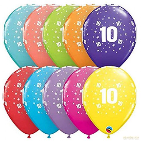 Balon Ql 11" z nadruk "10" pastel mix tropikalny 6 szt St Asort