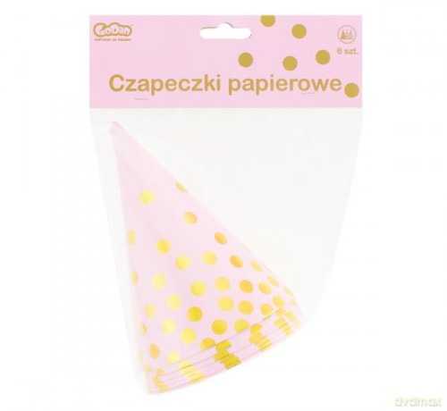 Czapeczki papierowe "Złote groszki", różowe, 6 szt