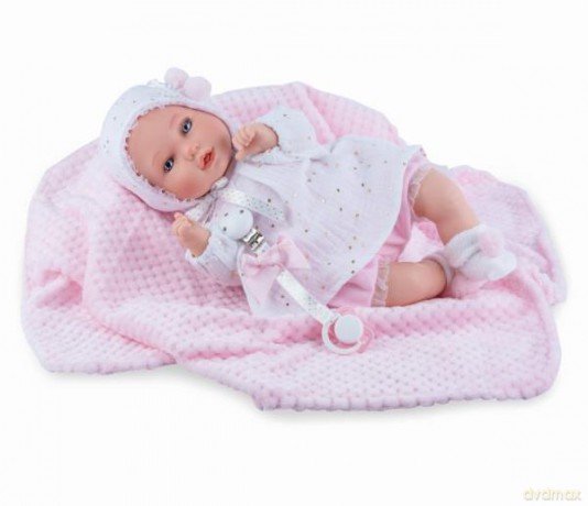 Hiszpańska Lalka bobas 40 cm Petite płacze w zestawie z kocykiem i smoczkiem 403