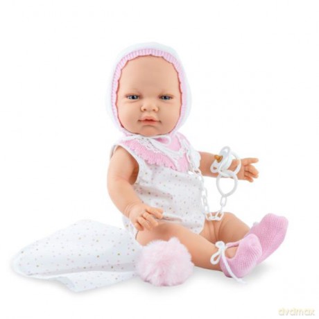 Hiszpańska Lalka bobas 45 cm Recien Nacido Soft w zestawie z małym kocykiem i smoczkiem, różowa 1642