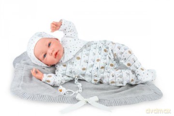 Hiszpańska Lalka bobas Luka 45 cm w zestawie kocyk i smoczek Przyjmuje pozycję niemowlaka 1227