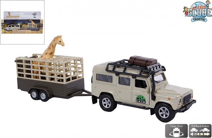 Land Rover z przyczepą i żyrafą w pud.