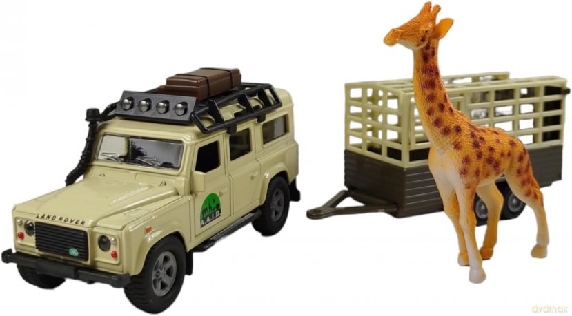 Land Rover z przyczepą i żyrafą w pud.