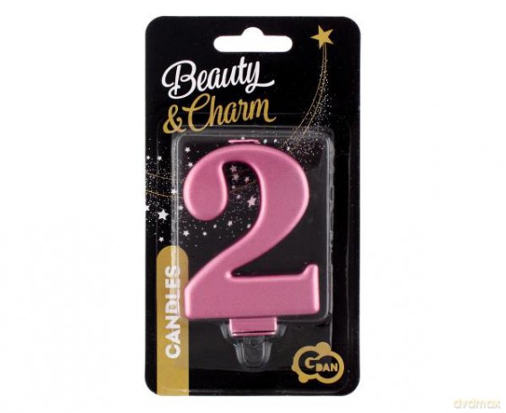 Świeczka B&C cyferka 2, metalik różowa 8 cm