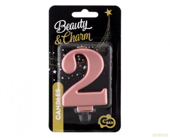Świeczka B&C cyferka 2, metalik różowo-złota 8 cm