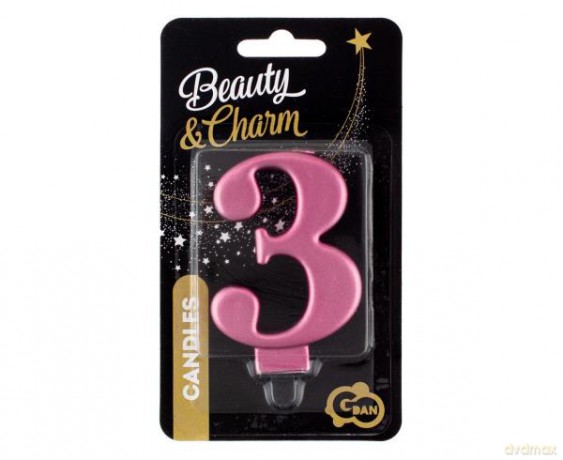 Świeczka B&C cyferka 3, metalik różowa 8 cm