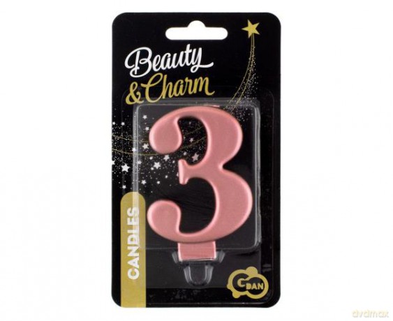 Świeczka B&C cyferka 3, metalik różowo-złota 8 cm