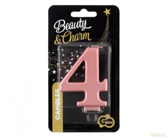Świeczka B&C cyferka 4, metalik różowo-złota 8 cm