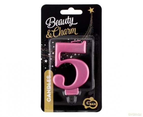 Świeczka B&C cyferka 5, metalik różowa 8 cm