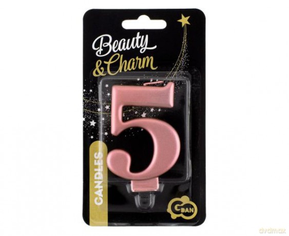 Świeczka B&C cyferka 5, metalik różowo-złota 8 cm
