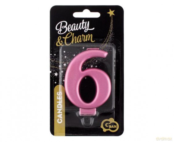 Świeczka B&C cyferka 6, metalik różowa 8 cm