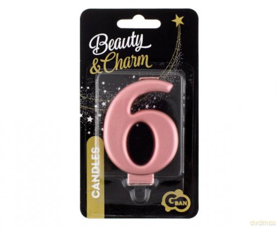 Świeczka B&C cyferka 6, metalik różowo-złota 8 cm