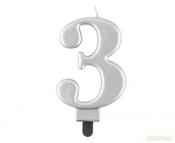 Świeczka B&C Cyfra 3 metalik srebrna 8 cm