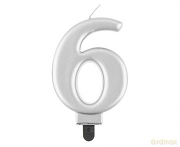 Świeczka B&C Cyfra 6 metalik srebrna 8 cm