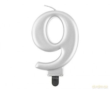 Świeczka B&C Cyfra 9 metalik srebrna 8 cm