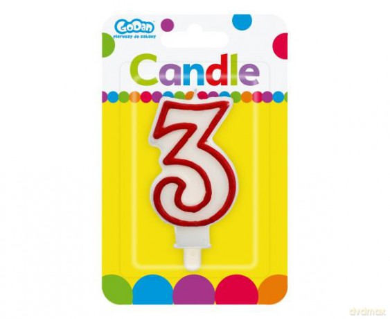 Świeczka cyferka "3", czerwony kontur 7 cm