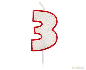 Świeczka cyferka z brokatem, czerwony kontur "3" 6 cm SW-RSG3