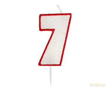 Świeczka cyferka z brokatem, czerwony kontur "7" 6 cm SW-RSG7