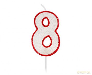 Świeczka cyferka z brokatem, czerwony kontur "8" 6 cm SW-RSG8